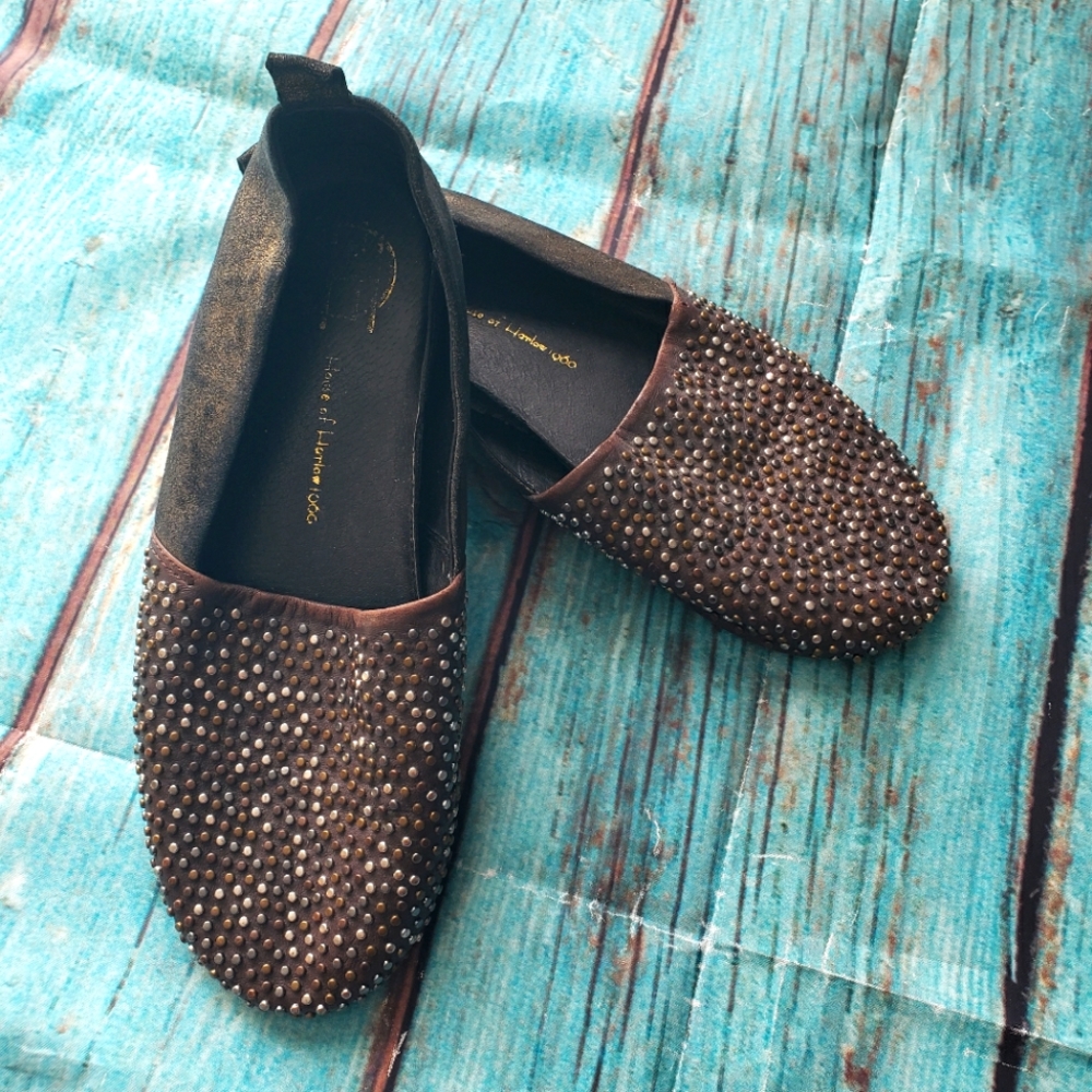 HOUSE OF HARLOW 1960 Stud Kye coffee bean bronze slip on flats 7.5 38.5